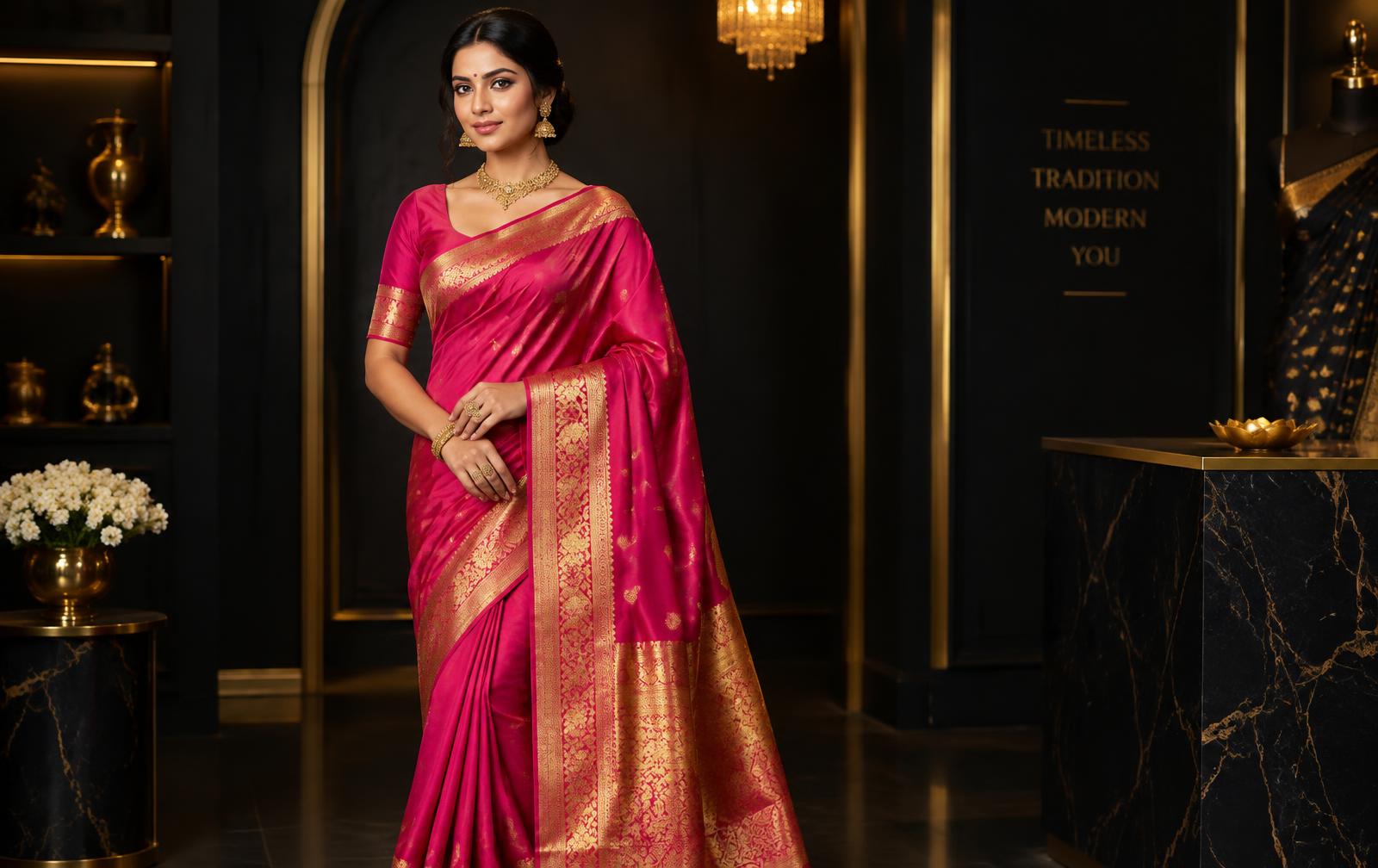Model wearing a pink silk saree from FZ Collection